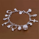 Pulseira multielementos para mulheres, joias estilo simples, europeu e americano, moda prata, pingente 13