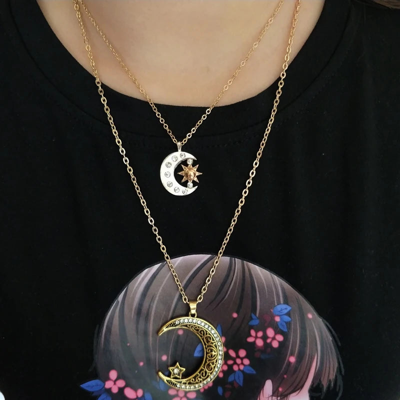 Hhzew-Colar Cor de Ouro Antigo para Homens e Mulheres, Lua, Estrela, Pingente Sol, Presente