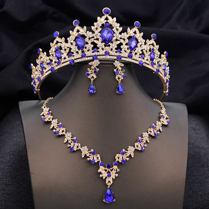 Conjuntos de tiaras azuis opala, conjunto de joias de noiva para princesa, coroa de casamento e colar, brinco, baile de aniversário, vestido, acessórios de fantasia