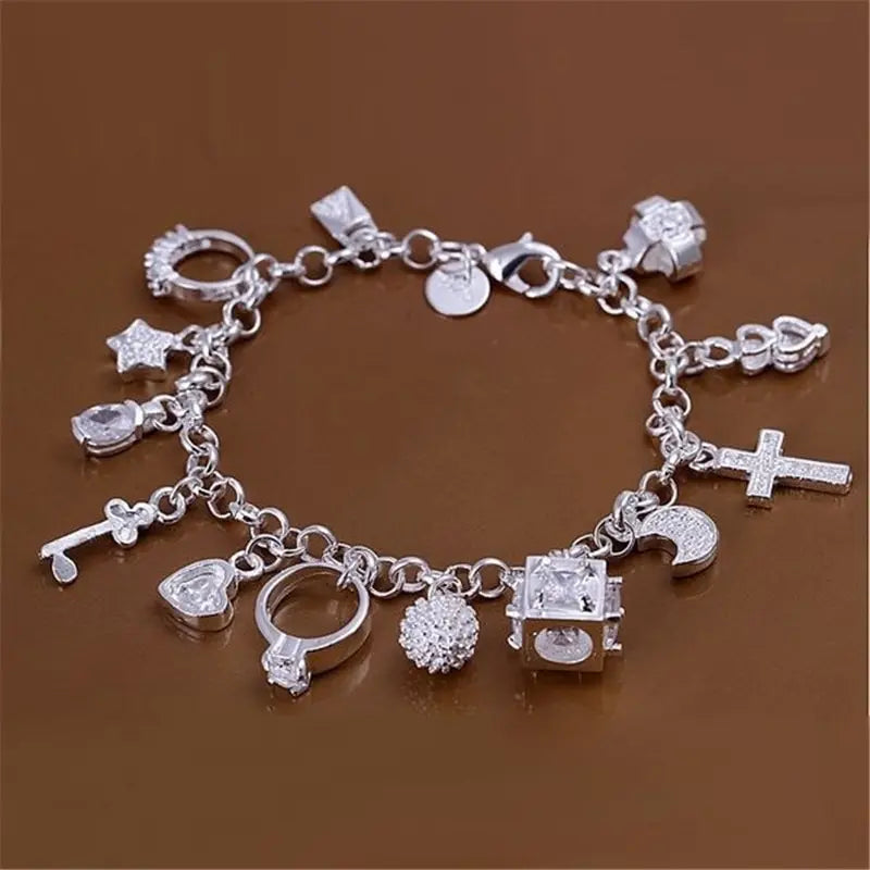 Pulseira multielementos para mulheres, joias estilo simples, europeu e americano, moda prata, pingente 13
