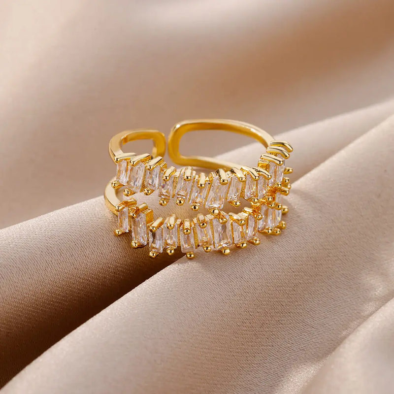 Anéis de zircão de camada dupla para mulheres ajustável banhado a ouro anel de aço inoxidável 2026 tendência casamento jóias estéticas aretes