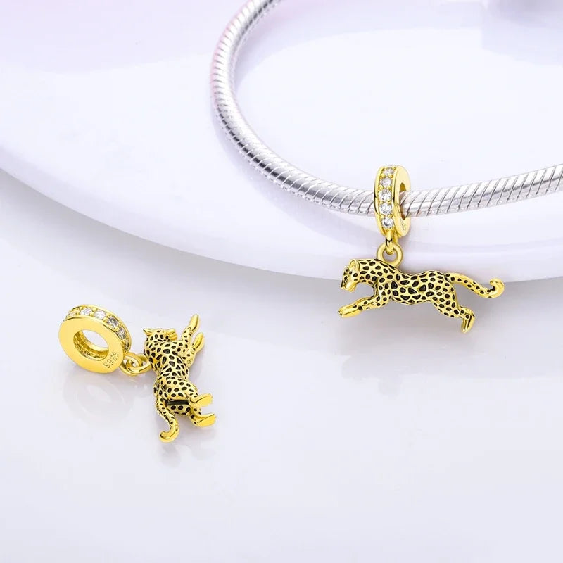 prata esterlina cor de ouro guardião leopardo chita animal balançar encantos contas pingente ajuste pulseira colar jóias diy