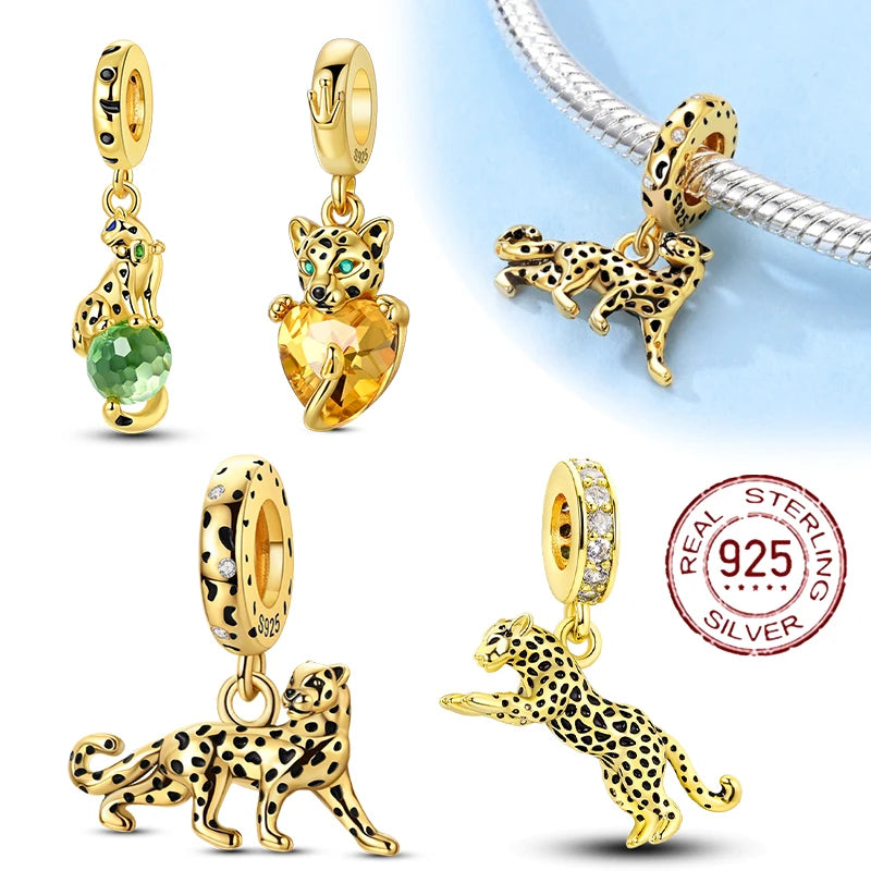 prata esterlina cor de ouro guardião leopardo chita animal balançar encantos contas pingente ajuste pulseira colar jóias diy