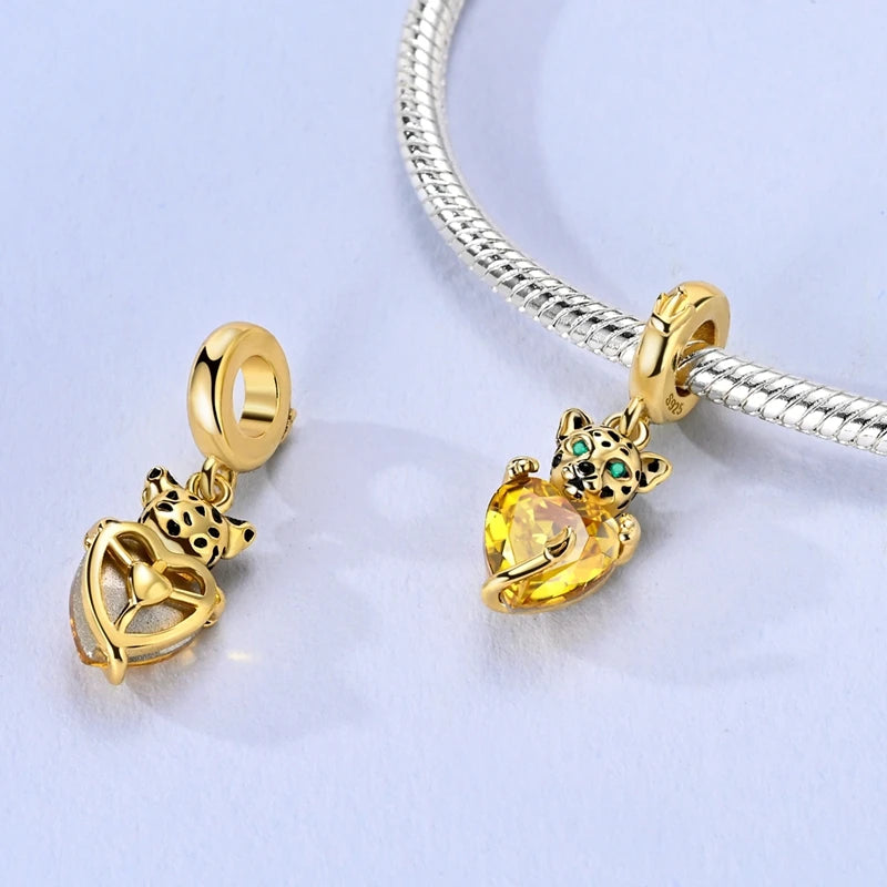 prata esterlina cor de ouro guardião leopardo chita animal balançar encantos contas pingente ajuste pulseira colar jóias diy