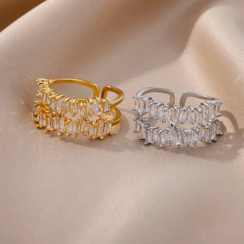 Anéis de zircão de camada dupla para mulheres ajustável banhado a ouro anel de aço inoxidável 2026 tendência casamento jóias estéticas aretes