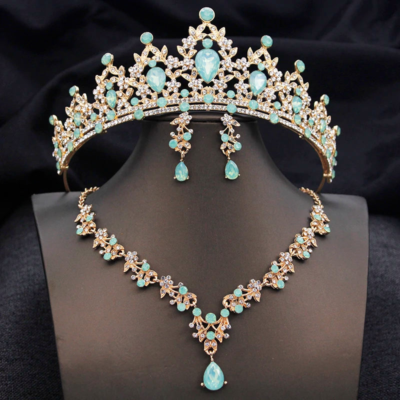 Conjuntos de tiaras azuis opala, conjunto de joias de noiva para princesa, coroa de casamento e colar, brinco, baile de aniversário, vestido, acessórios de fantasia