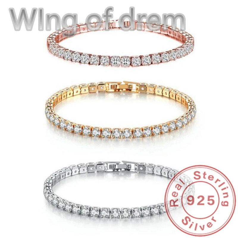 Deslumbrante 925 prata esterlina tênis pulseira rosa ouro brilhante zircônia cúbica pulseira jóias de casamento presente