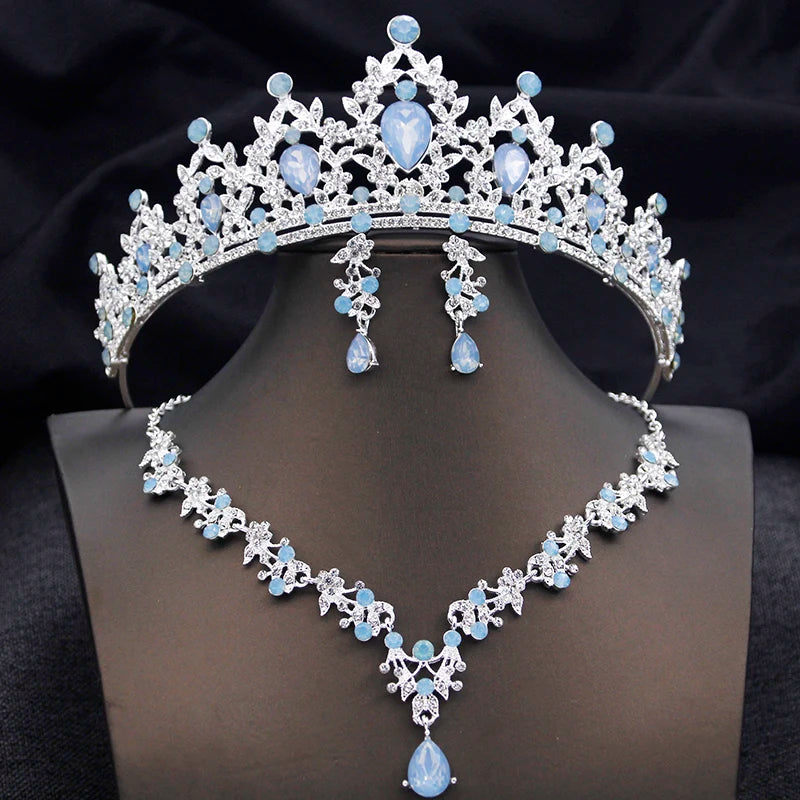 Conjuntos de tiaras azuis opala, conjunto de joias de noiva para princesa, coroa de casamento e colar, brinco, baile de aniversário, vestido, acessórios de fantasia