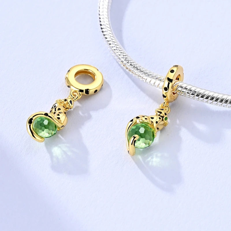 prata esterlina cor de ouro guardião leopardo chita animal balançar encantos contas pingente ajuste pulseira colar jóias diy