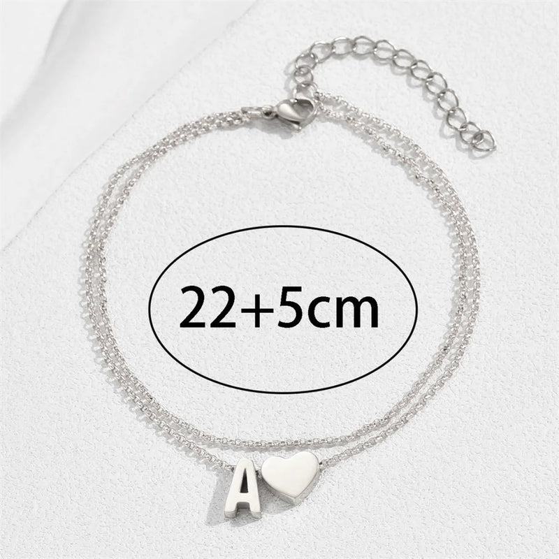 Tornozeleiras de aço inoxidável para mulheres, pulseira simples coração Boho Jewelry, 26 Letters, A-Z, acessórios de praia, verão