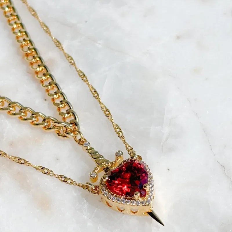 Colar de coração e espada - colares de casal - banhado a ouro 18k AÇO INOXIDÁVEL zircão anel de cristal pulseira colar conjunto de joias