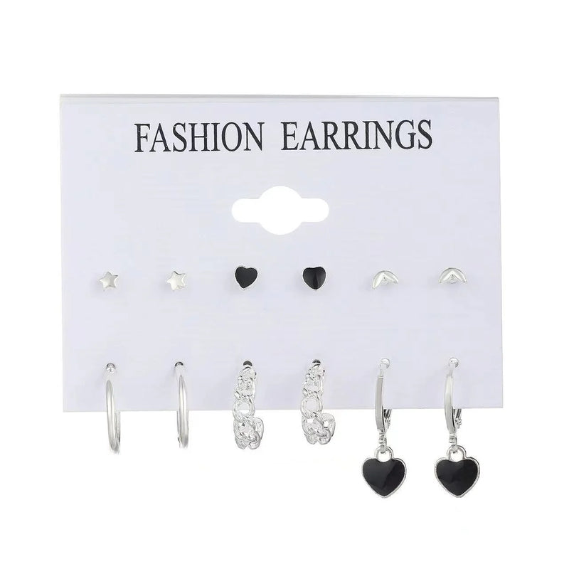 6 pares moda coreana metal começar coração círculo pequenos brincos para mulheres tendência preto coração esmalte brincos jóias doces