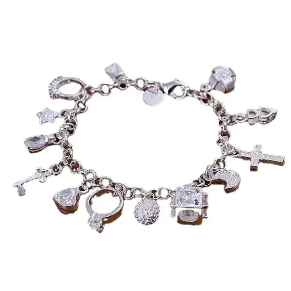 Pulseira multielementos para mulheres, joias estilo simples, europeu e americano, moda prata, pingente 13