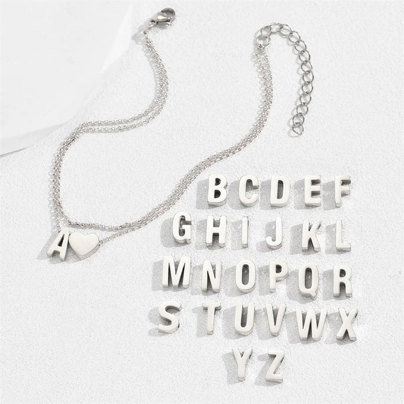 Tornozeleiras de aço inoxidável para mulheres, pulseira simples coração Boho Jewelry, 26 Letters, A-Z, acessórios de praia, verão