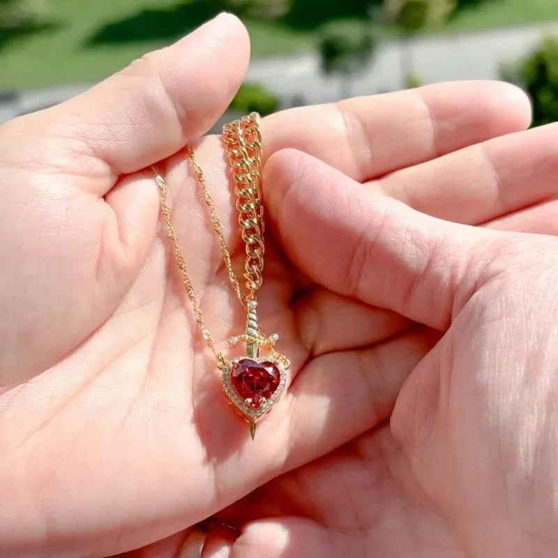 Colar de coração e espada - colares de casal - banhado a ouro 18k AÇO INOXIDÁVEL zircão anel de cristal pulseira colar conjunto de joias