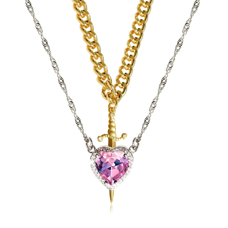 Colar de coração e espada - colares de casal - banhado a ouro 18k AÇO INOXIDÁVEL zircão anel de cristal pulseira colar conjunto de joias