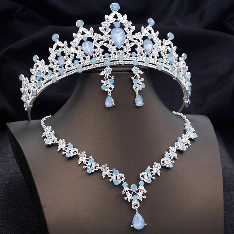 Conjuntos de tiaras azuis opala, conjunto de joias de noiva para princesa, coroa de casamento e colar, brinco, baile de aniversário, vestido, acessórios de fantasia