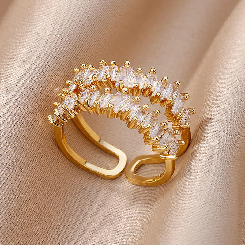 Anéis de zircão de camada dupla para mulheres ajustável banhado a ouro anel de aço inoxidável 2026 tendência casamento jóias estéticas aretes