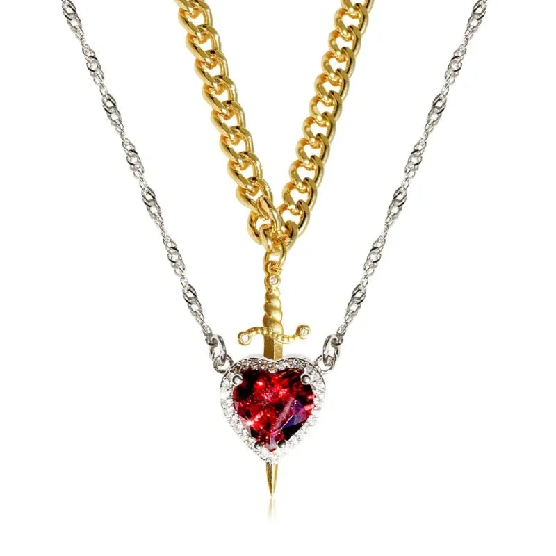 Colar de coração e espada - colares de casal - banhado a ouro 18k AÇO INOXIDÁVEL zircão anel de cristal pulseira colar conjunto de joias